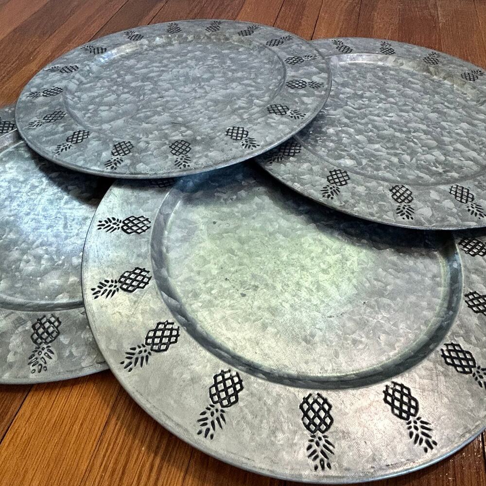 Set of 4 Tiki Pineapple Galvanized Metal Plate Chargers – 13.75” Diameter